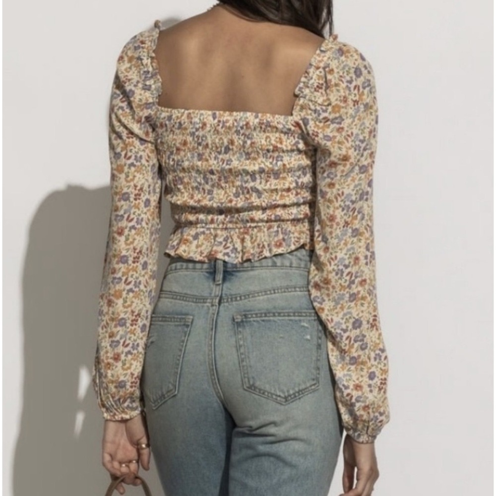 Bohme Smocked Crop Top Long Puff Sleeve Floral Pink Lavender Ivory Ruffle Large - Picture 2 of 14